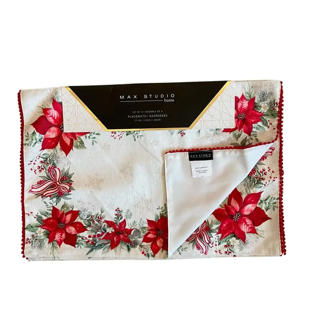 Max Studio Christmas Poinsettia & Bows Placemats 13x19 Set of 4 Holiday Red NEW